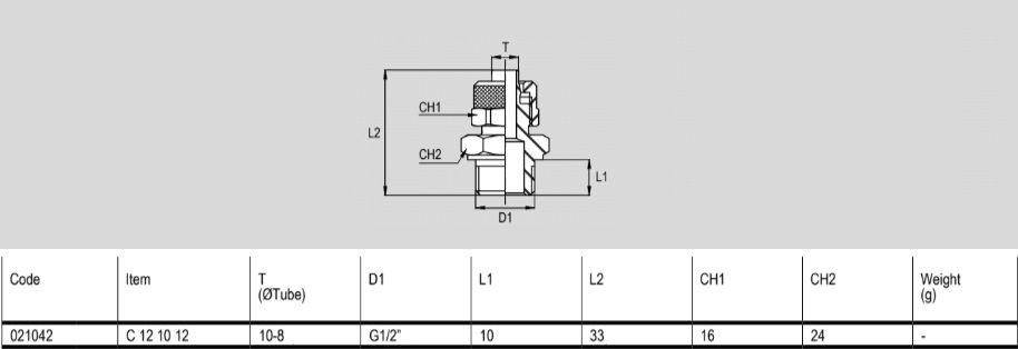 021042 Złącze proste fi 10-8 - 1/2'' BSP z mosiądzu niklowanego, seria C12 - API