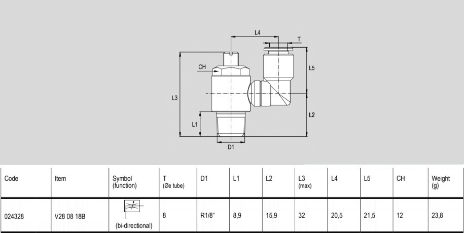 024328 Zawór dławiący fi 8-G1/8'' kątowy, dwukierunkowy, DERLIN, seria V28 - API