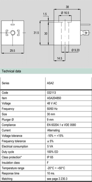 032113 Cewka 48 V AC, 30 mm, seria ASA2 - API