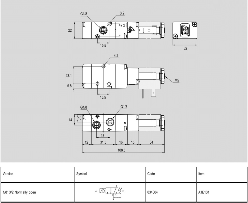 034004 Zawór sterowany elektrycznie 3/2 NO - 1/8'', seria A1R- API