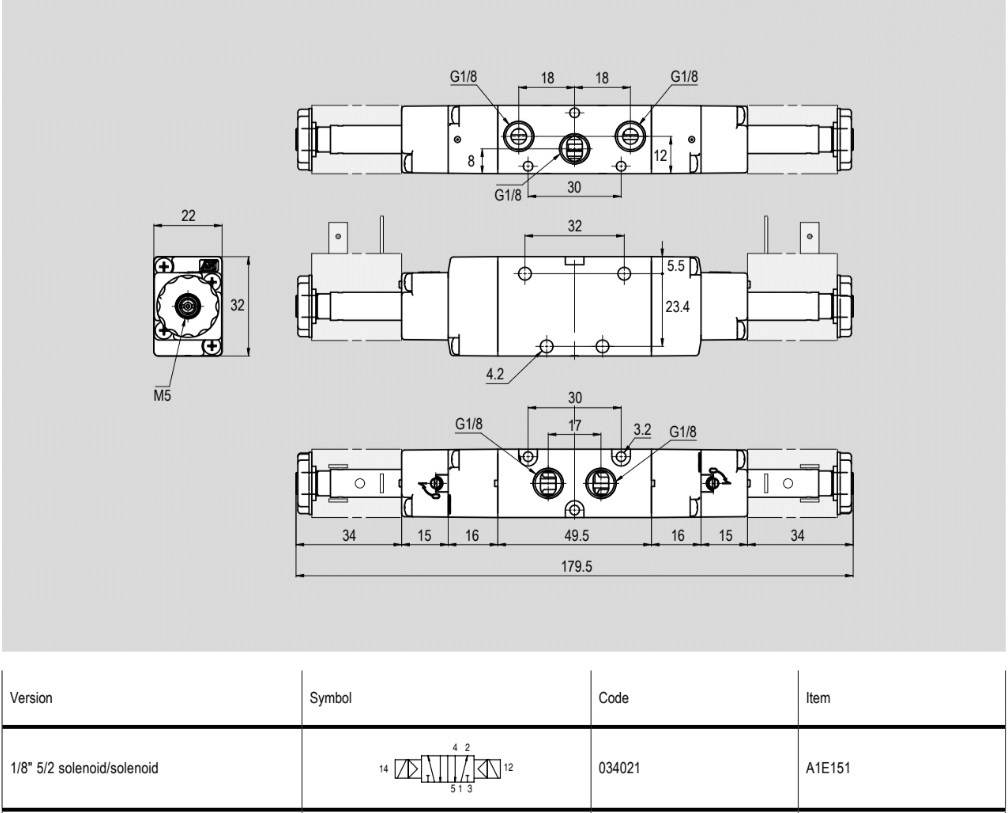 034021 Zawór sterowany elektrycznie 5/2 - 1/8'' bistabilny, seria A1E - API