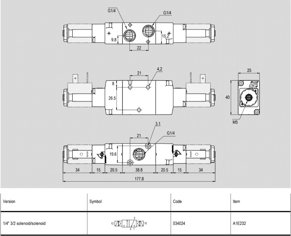 034024 Zawór sterowany elektrycznie 3/2 - 1/4'' bistabilny, seria A1E - API