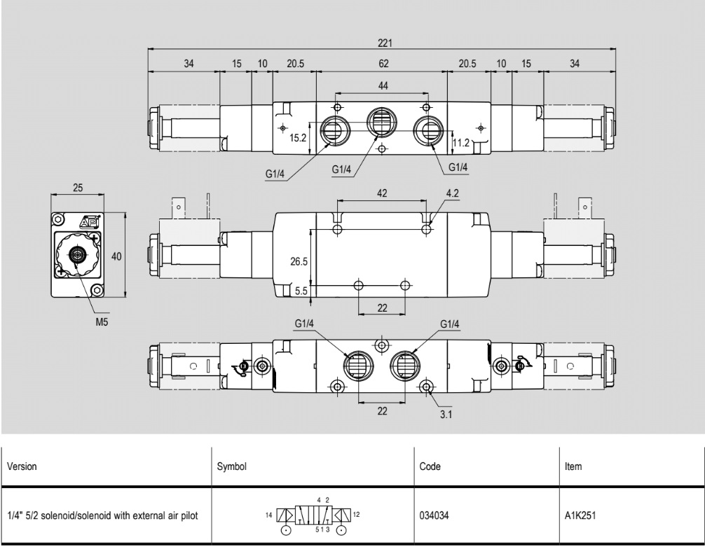 034034 Zawór sterowany elektrycznie 5/2 - 1/4'' pilot zewnętrzny, bistabilny, seria A1K - API
