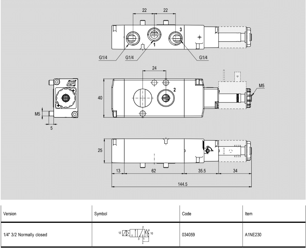 034059 Zawór sterowany elektrycznie 3/2 - 1/4'' NAMUR, NC, seria A1N - API
