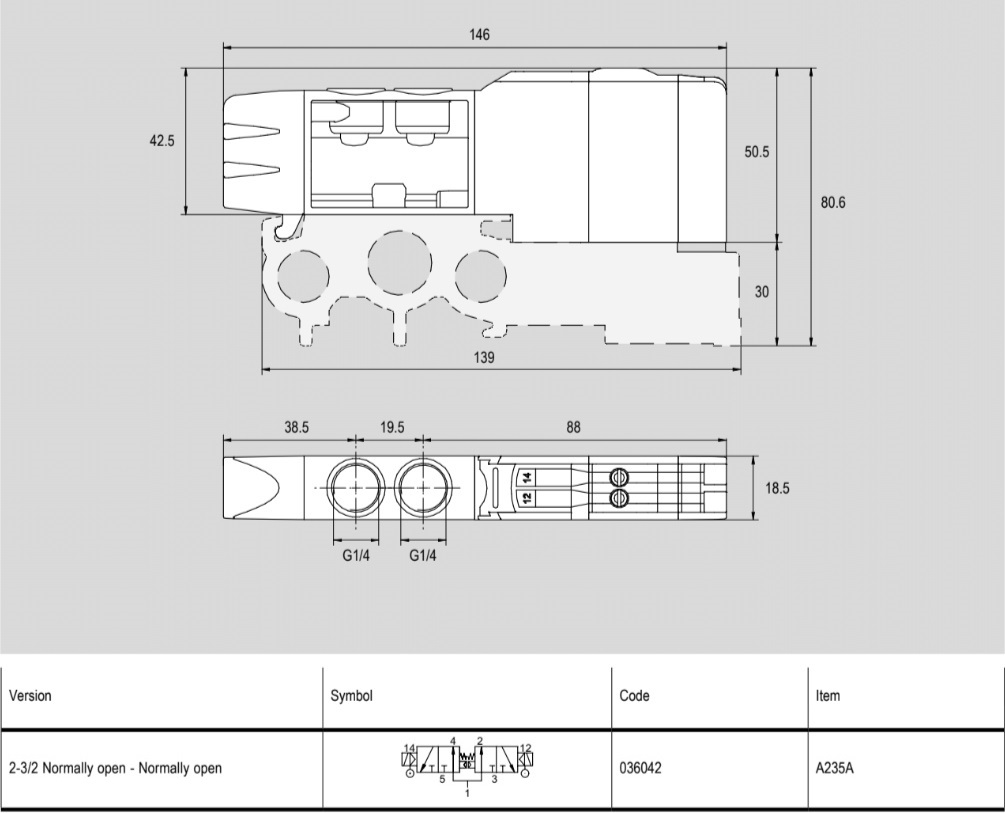 036042 Zawór wyspy zaworowej 1/4'' 2x3/2 NO-NO, 24 VDC, elektryczny, seria A2 - API